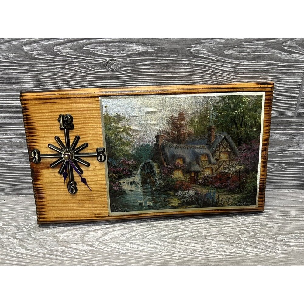 Vintage Handmade Wooden Clock with Cottage and Florals Scene Retro WORKS